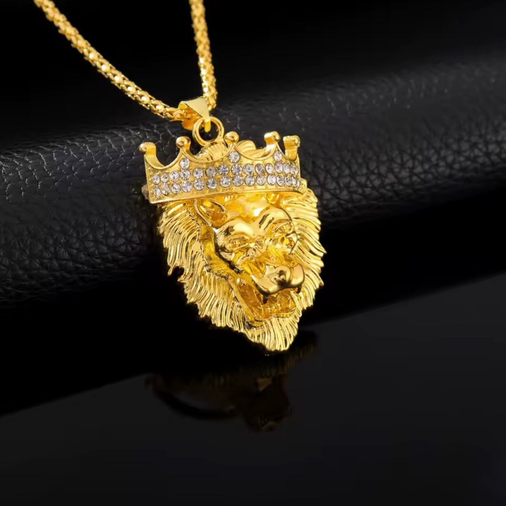Y2K Gold Plated Iced Out Lion Pendant Crown Stainless Steel Brand New NO CHAIN